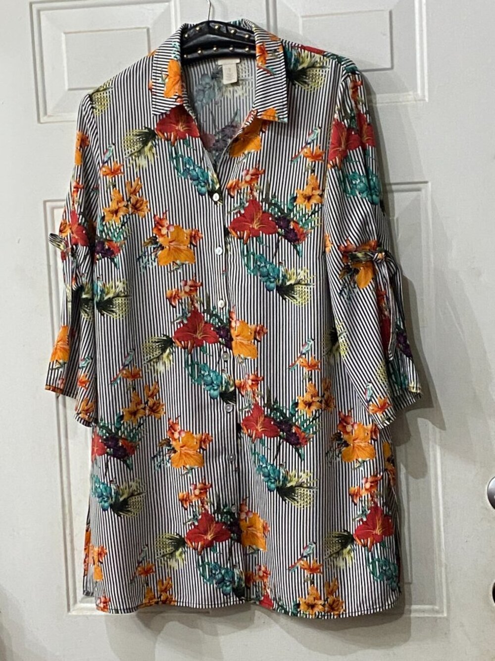 Chico's Sz 1 (M) Tunic Button Up 3/4 Tie Sleeve Stripe/Tropical Floral Multi